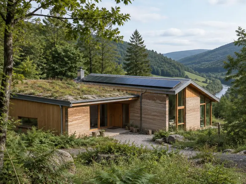 Eco building in a wooded valley near Machynlleth