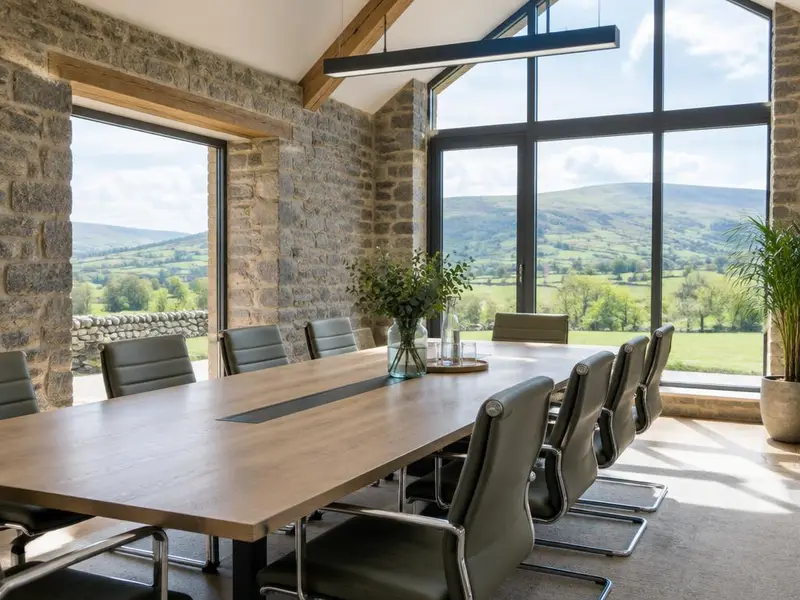 Meeting room with natural light in a converted Welsh stone building