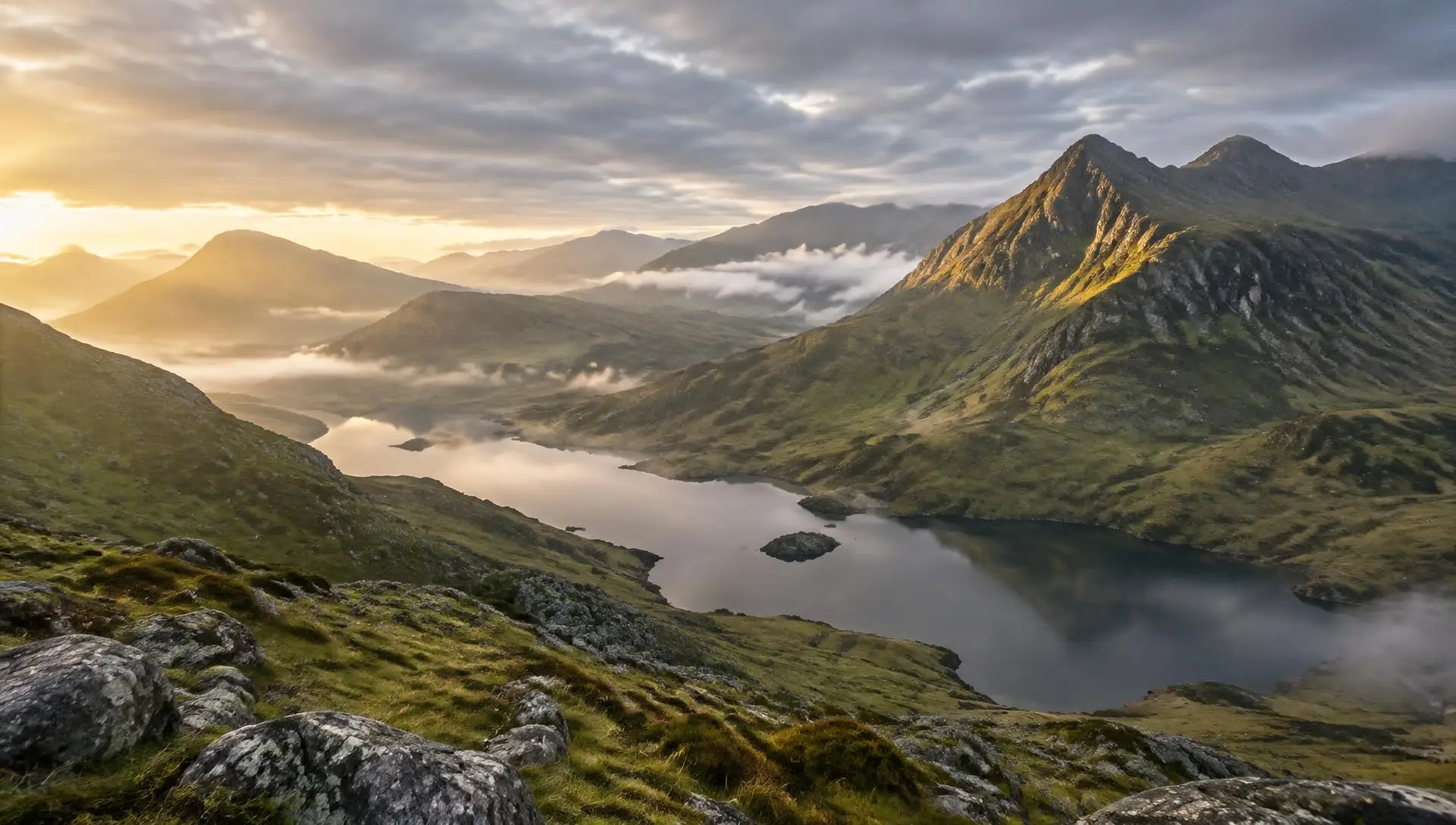 Misty mountains and a still lake in Eryri, North Wales, at sunrise