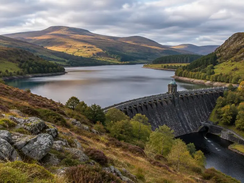 Elan Valley reservoir and dam in the Cambrian Mountains
