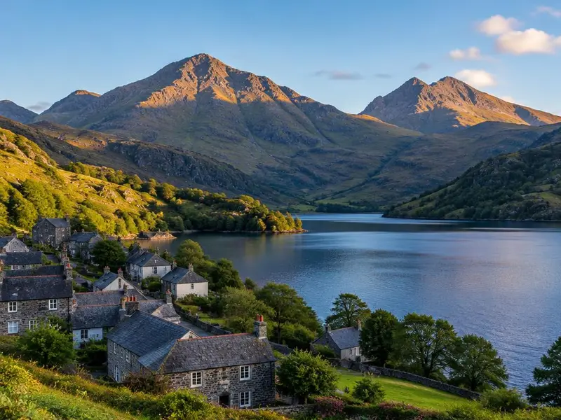 Slate village and lake beneath the peaks of Eryri